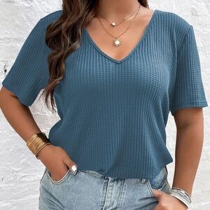 Women's Blue Waffle V-Neck Top